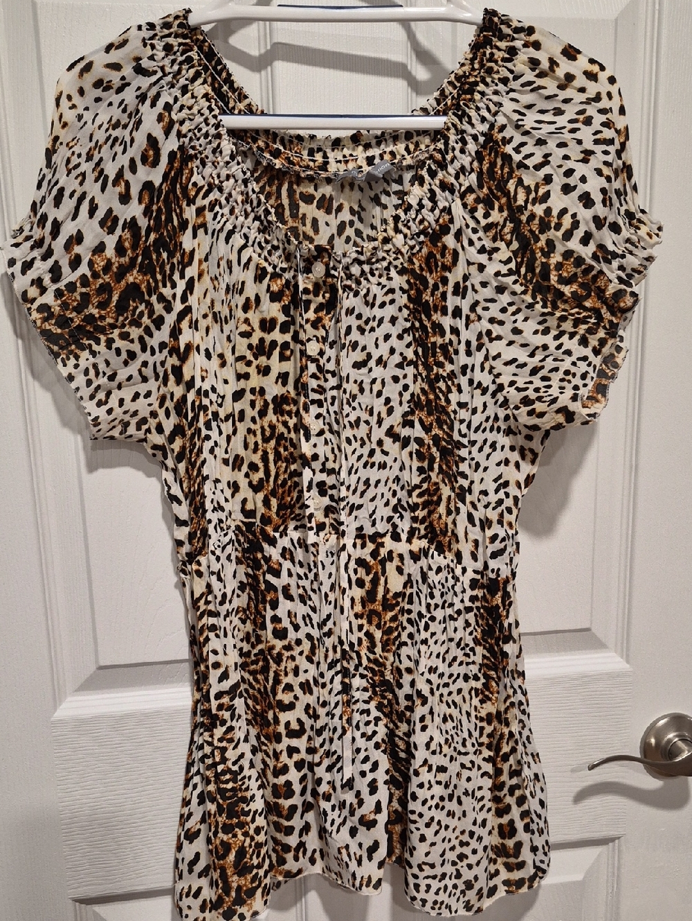 NY Collection Cream and Brown Leopard-Print Short Sleeve Blouse